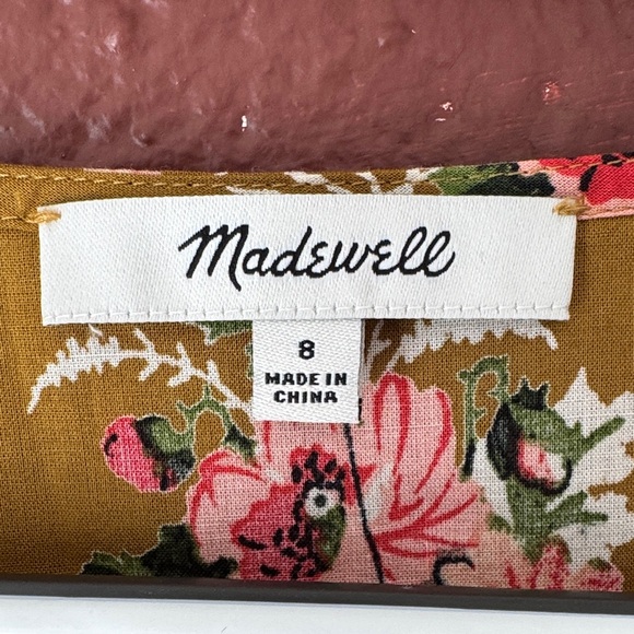 Madewell 100% Cotton Mustard/Tan Floral Ruffle Sleeve Wrap Peplum Top - Picture 2 of 8